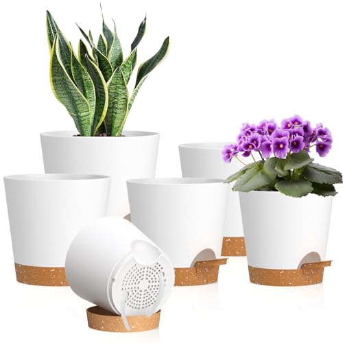 WSMKSZ 7/6.5/6/5.5/5/4 inch Self Watering Pots for Indoor Outdoor Plants, 6 Pack Plastic Flower Planters with Drainage Holes and Removable Saucers, Plant Pots with Wicking Rope, White Brown - color: White Brown, size: 7+6.5+6+5.5+5+4inch 6pcs