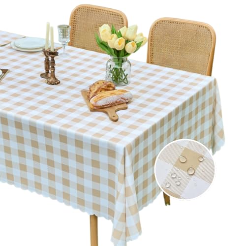 MANGATA CASA Tan Gingham Tablecloth Rectangle- Checkered Waterproof Tablecloths-Polyester Buffalo Plaid Wrinkle Free Table Cloth (Light Brown 60x84in) - color: Light Brown, size: 84" x 60" (Rectangular)