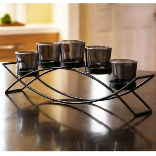 Dining Table Centerepiece Decor, Tealight Candle Holder, Black | Wrought Iron 5 Cup Candelabra, Metal Votive Candle Holders, Long Modern Coffee Kitchen, Black Glass Cups, 17in Long - color: Black/Black, size: 5 Cup