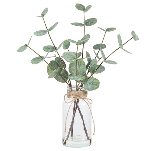 Coferset Artificial Eucalyptus Stems in Glass Vase with Faux Water, Green | Double-Sided Leaves,15" Eucalyptus Potted Fake Plants for Home Bathroom Office Farmhouse Shelf Coffee Table Decor - color: Green-2