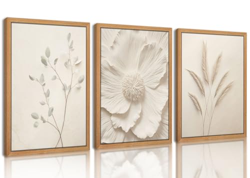 Framed Neutral Beige Botanical Wall Art Set of 3, Modern Simple Texture Blossom Picture Wall Decor Paintings, Minimalist Plant Floral Canvas Prints for Living Room Bedroom-16×24inch - color: Dried Flower, size: 24L" x 16W"
