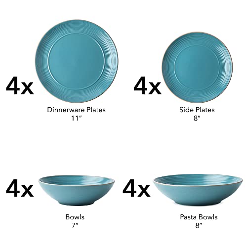 Arora RINGAR Round Stoneware 16pc Double Bowl Dinnerware Set for 4, Dinner Plates, Side Plates, Cereal Bowls, Pasta Bowls - Speckle Matte Turquoise (428525) - color: Speckle Matte Turquoise-Cereal/Pasta Bowl, style: Round-Service for 4(16pcs)