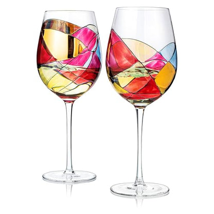 Artisanal Hand Painted Stemmed Wine Glasses - Everyday Celebrations, Gifts Idea for Wife, Mom, Valentine, Holiday Renaissance Romantic Stain-glassed Windows, 2 Set - Gift Idea Birthday, Housewarming - style: Stemmed Glasses Set