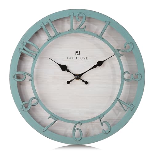 Lafocuse 12 Inch Teal Kitchen Farmhouse Wall Clocks Battery Operated | Raised 3D Numbers, Silent Non-Ticking, Wood-Grain Dial, Vintage Antique Rustic Distressed Style for Living Room Decor Bedroom - color: Green