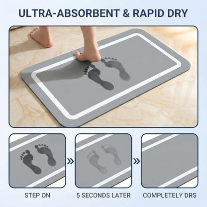 Gray Super Absorbent Bath Mat Set, Soft Diatomaceous Earth Bath Mat, Washable Non Slip Quick Dry Bathroom Mats, 15.74" x 23.62" Plus 15.74" x 47.2"
