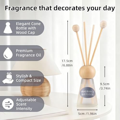 Reed Diffuser Set, Blue Bell Scent with Reed Sticks, 1.7 fl oz / 50ml Cone-Shaped Bottle with Round Wooden Cap, Ideal for Bathroom, Bedroom, Office, Home Fragrance for Shelf Decor Air Freshener Gift