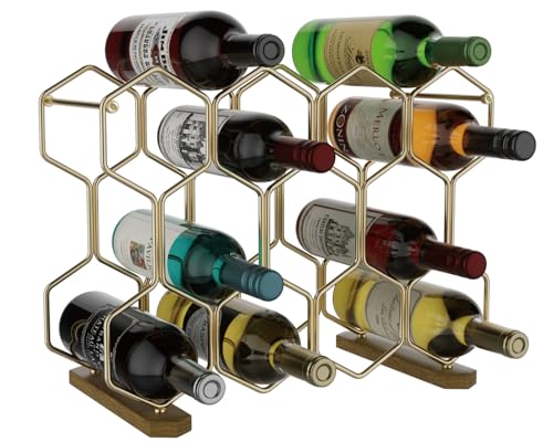 Buruis Countertop Wine Rack, 14-Bottle Wine Holder with Wood Base, Gold | Stable Acacia Wood Base, Red & White Bottle Organizer, Kitchen Bar Decor, Space-Saving Countertop Display, Modern Home Style - color: Gold, size: Acacia Base