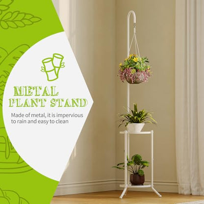 BMOSU Plant Stand with Hooks Indoor Outdoor Corner Tall Plant Stand Heavy-Duty Metal 3-Tier Plant Shelf Holder Rack for Patio Garden Balcony Living Room Bedroom(semicircular White)