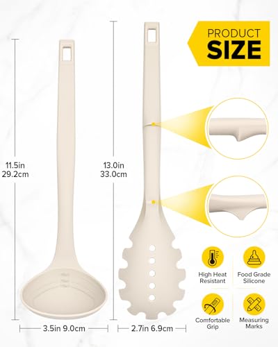 Silicone Pasta Fork and Soup Ladle Set, Heat Resistant Non Stick Kitchen Utensils with Back Hooks, Suitable for Cooking, Stirring, Serving Spaghetti, Soup, Sauce(KHAKI) - color: Khaki