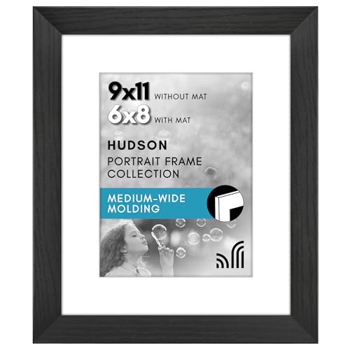 Americanflat 9x11 Picture Frame - Matted to 6x8 - Engineered Wood - Black | Shatter-resistant glass, wall or tabletop display with included easel, sawtooth hangers included, use with or without mat - color: Black, size: 9x11