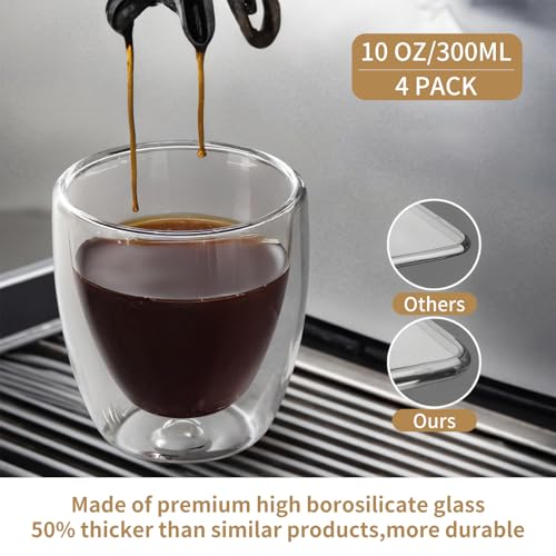 10oz Double Wall Espresso Cups Set of 4, Clear Expresso Shots Cup, Double Wall Insulated Espresso Mugs, 300 ML Tazas de Cafe Expreso, Microwave Dishwasher Safe,Suit for Espresso Machine