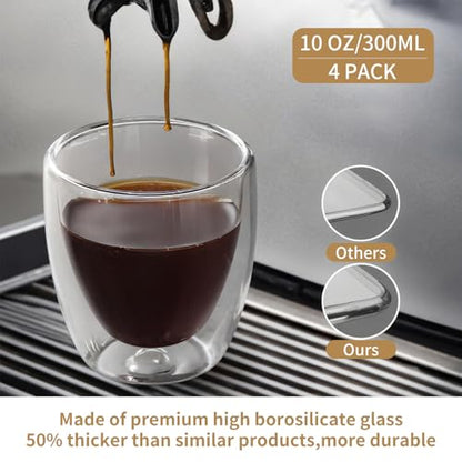 10oz Double Wall Espresso Cups Set of 4, Clear Expresso Shots Cup, Double Wall Insulated Espresso Mugs, 300 ML Tazas de Cafe Expreso, Microwave Dishwasher Safe,Suit for Espresso Machine