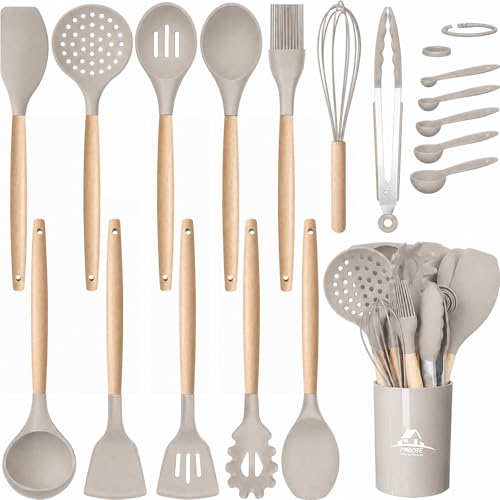 MIBOTE Silicone Cooking Kitchen Utensils Set, Wooden Handle, Khaki | BPA-Free, Non-Toxic Silicone Turner, Tongs, Spatula, Spoon Set – Great for Nonstick Cookware, Heat-Resistant, Easy Clean - color: Khaki