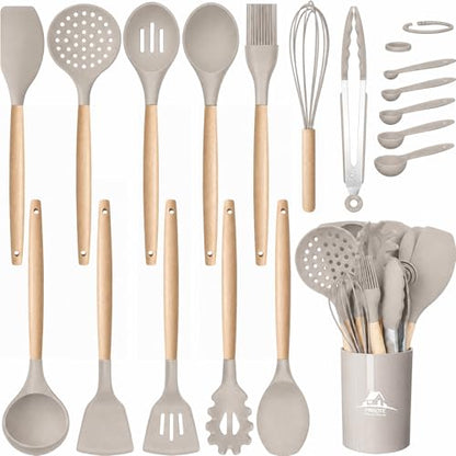MIBOTE Silicone Cooking Kitchen Utensils Set, Wooden Handle, Khaki | BPA-Free, Non-Toxic Silicone Turner, Tongs, Spatula, Spoon Set – Great for Nonstick Cookware, Heat-Resistant, Easy Clean - color: Khaki