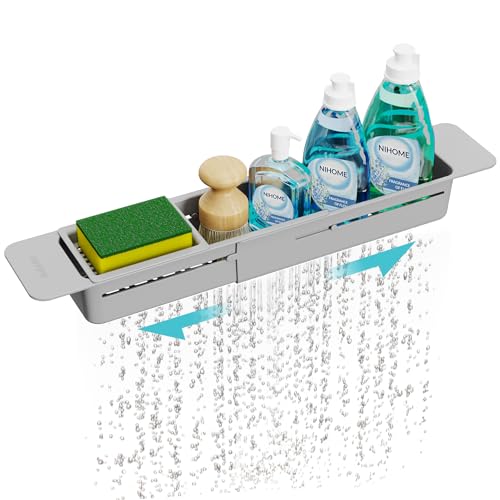 NiHome Extendable Kitchen Sink Caddy Extra Long Brush Sponge Storage Holder | Expandable Kitchen In Sink Organizer Extra Long for Brush & Sponge with Drainage, Adjustable Length, Non-Slip Pads (Gray) - color: Gray, size: Extra Long