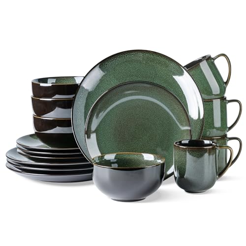 LERATIO Ceramic Dinnerware Sets for 4,16Pcs Stoneware Plates and Bowls Set | Handmade Reactive Glaze Ceramic Dishes Set,Oven & Microwave,Dishwasher Safe,Scratch Resistant-Green - color: Dreamy Moonlight-Green, size: Service for 4-16pcs