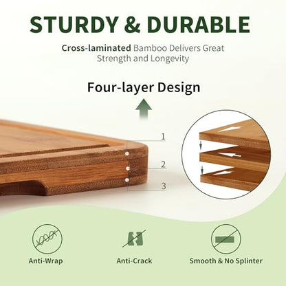 BAMBANG Bamboo Cutting Board, Dark Carbonized Chopping Boards Set of 3 with Stand, Butcher Block with Deep Juice Groove, Non-Toxic Wooden Cutting Boards for Kitchen Meal Prep & Serving - color: Dark
