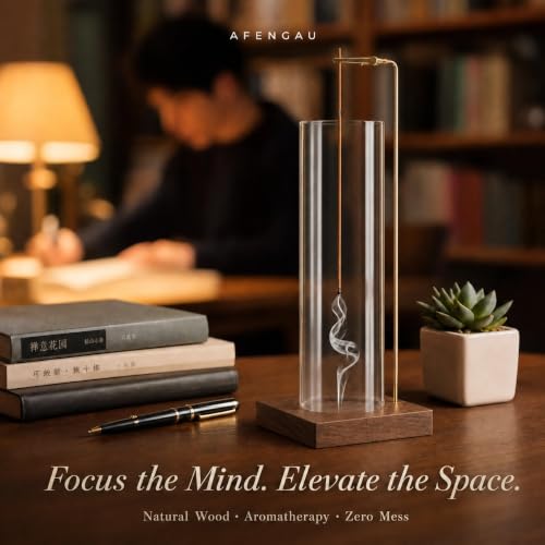Wooden Aromatherapy Incense Holder – Upside Down Hanging Rack with 1L Ash Catcher for Home Office or Yoga Space Décor & Meditation (Glass Height 17cm)