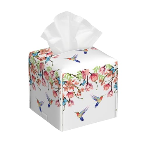 Hummingbird and Flowers Tissue Box Cover Square,Pink Floral Bird Butterfly Tissue Box Holder Waterproof Leather Facial Paper Organizer Dispenser for Bathroom Home Car Nightstand Vanity Desk - color: Color-8
