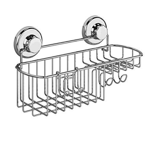 HASKO Shower Caddy Suction Cup, Shower Shelf with Soap Dish and Hooks Organizer, Suction Bathroom Shelf for Storage, Wall Mounted Basket (Polished Stainless Steel SS304) - color: Silver (1 Pack)