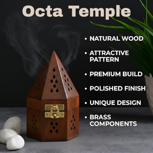 Bless-International Traditional-Handmade-Burner Wooden-Incense-Stick-Holder Ash-Catcher-Stand for-Aromatherapy-Meditation-Yoga (5 Inch Octa Temple Wooden Charcoal/Cone) - color: Octa Temple