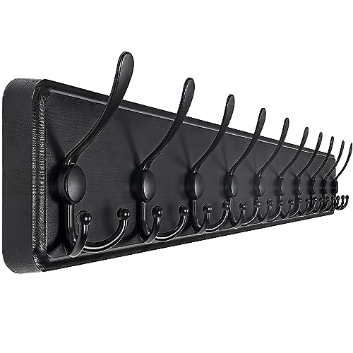 SKOLOO Coat Rack Wall Mounted - 38.3'' Long, Wooden, Heavy Duty, Rustic Coat Hooks for Wall, 16'' Hole to Hole, Wall Coat Rack with 10 Triple Hooks for Hanging Clothes, Jacket, Hat(Black) - color: Black Plate & Black Hook, size: 1 Item-10 Hooks