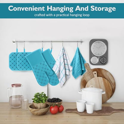 Oven Mitts Kitchen Towels Dishcloths with Pot Holders Sets 12PCS, Dish Towels Sets, Oven Gloves Pot Pads Heat Resistant 500 Degrees with Non-Slip Silicone Surface for Cooking Baking Grilling (Blue) - color: Blue