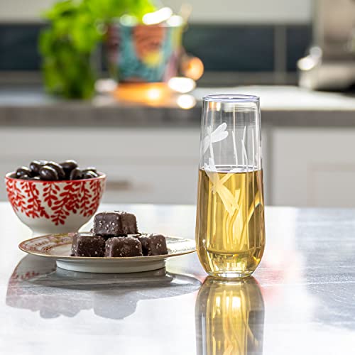 Rolf Glass Dragonfly Stemless Champagne Flute Glasses 8.5 ounce Set of 4 - Toasting Flute Glasses - Lead-Free Glass - Etched Flute Glasses – Proudly Made in the USA - color: Stemless Flute 4 Set