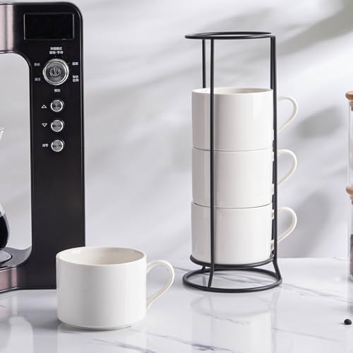 10oz Stackable Coffee Mugs Set of 4 with Stand | White Ceramic Coffee Cups Set for Cappuccino, Latte, Tea, Milk, Housewarming Gift - color: White