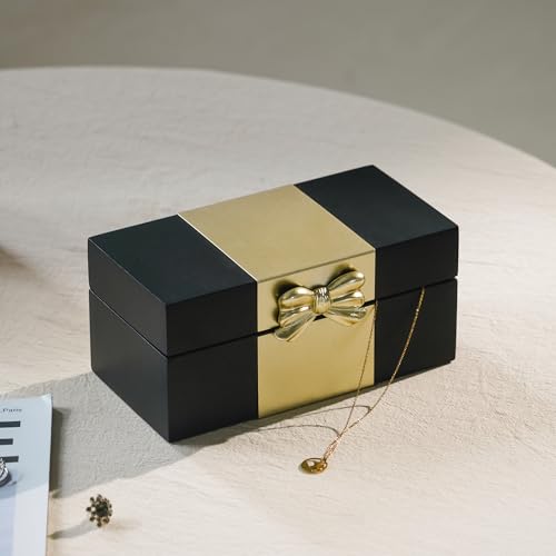Wooden Keepsake Box - Black & Gold Boxes with Bow Accent, Decorative Storage Gift Box for Jewelry Love Letters Photos, 6.93" W
