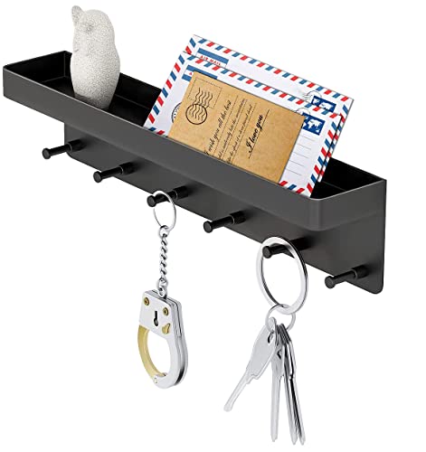 MKO Key Holder Wall Mount, Key Holder Wall Mount Adhesive with Mail Organizer Tray with 6 Key Hooks for Wall, Black | Metal Material, Key Rack with Shelf, Mail Organizer Tray for Entryway, Hallway, Living Room - color: Black 1pcs