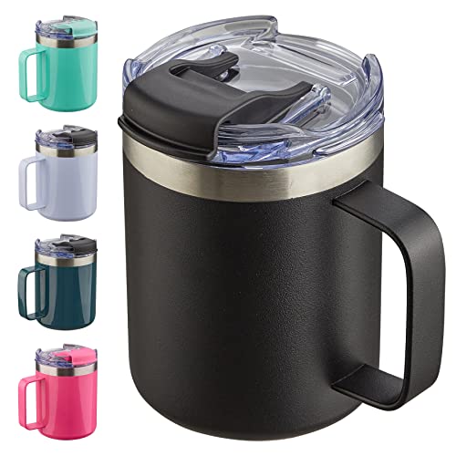 12oz Insulated Travel Coffee Mug with Handle, Black | Stainless Steel Coffee Tumbler with Lid, Double Wall Vacuum Thermal Cup for Camping - color: Fliping Lid: Black, size: 1 Count (Pack of 1)