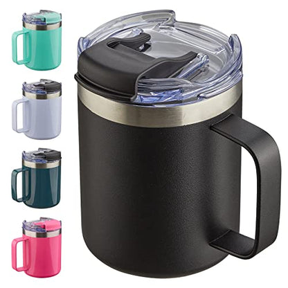 12oz Insulated Travel Coffee Mug with Handle, Black | Stainless Steel Coffee Tumbler with Lid, Double Wall Vacuum Thermal Cup for Camping - color: Fliping Lid: Black, size: 1 Count (Pack of 1)