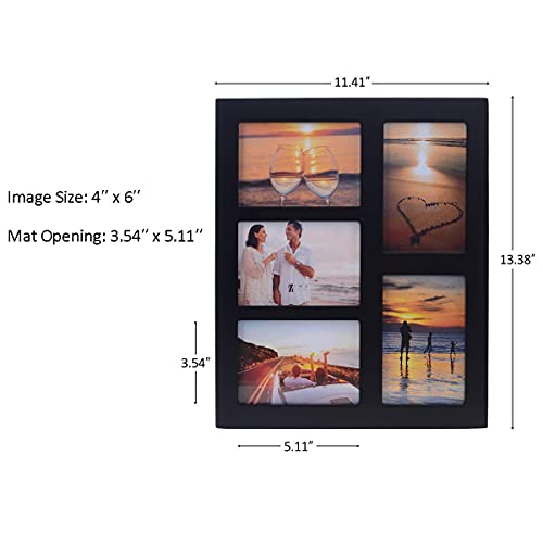 4x6 5-Opening Collage Picture Frame Black Wood | 5 openings, shatter-resistant glass, tabletop/wall mount, for 4x6 photos - size: 4x6 - 5 Opening