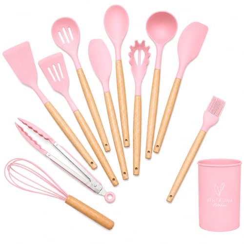 Silicone Cooking Utensils Kitchen Utensil Set - 446°F Heat Resistant Silicone Kitchen Utensils Set, Spatula,Turner Tongs, Spoon, Whisk,Kitchen Gadgets for Nonstick Cookware, BPA Free (Pink) - color: Pink