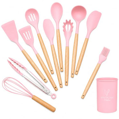 Silicone Cooking Utensils Kitchen Utensil Set - 446°F Heat Resistant Silicone Kitchen Utensils Set, Spatula,Turner Tongs, Spoon, Whisk,Kitchen Gadgets for Nonstick Cookware, BPA Free (Pink) - color: Pink