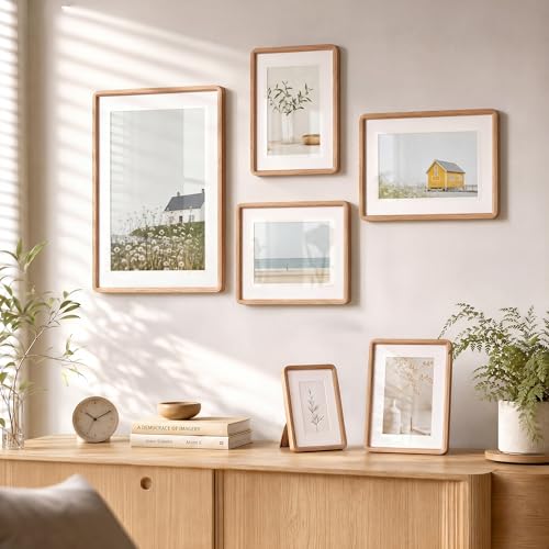 Acovy 5x7in Picture Frame, Natural Solid Oak | Handcrafted Wooden Photo Frame, Dual Use for Tabletop & Wall Mount, Matted to Fit 4"x6" Photos, HD Tempered Glass - color: Oak, size: 5x7in