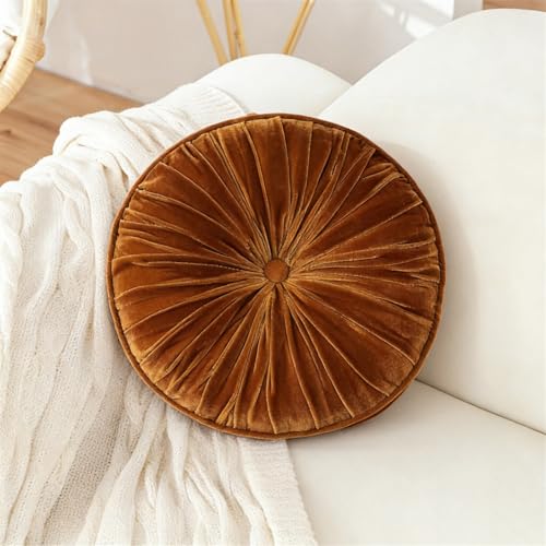 Round Throw Pillow, 17.7" Orange Pleated Tufted Circle Chair Pillow Soft Velvet Couch Decorative Pillow Round Floor Couch for Bedroom Living Room Farmhouse - color: Orange