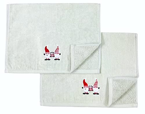 Christmas Gnomes Hand Towel Set: Light Grey Velour Bathroom Towels with Red White Embroidery Jolly Nordic Gnome Friends - color: Gnome Friends