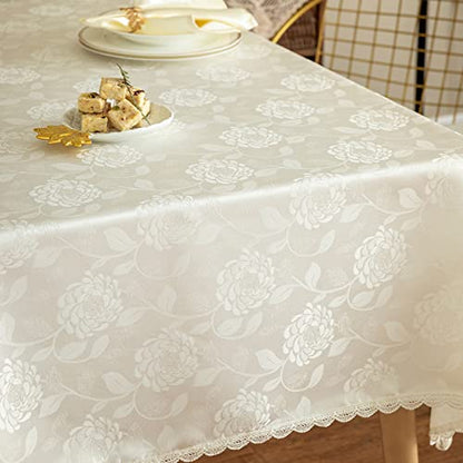 GLORY SEASON Rose Jacquard Textured Tablecloth Waterproof Spillproof Lace Trim Rectangle Table Cloth, Oblong Table Cover for Kitchen Dinning Tabletop Decor,60x120 Inch,Ivory White - size: 120" x 60" (Rectangular)