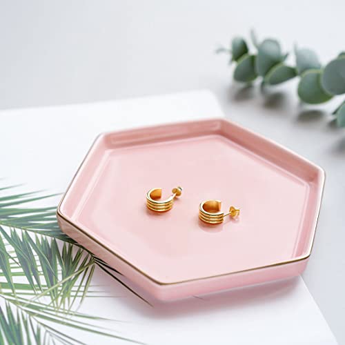 HANKOR 4.7 inch Ceramic Jewelry Dish Tray, Small Ring Holder Dish, Pink Catch All Trinket Tray for Keys Rings Earrings - color: Pink