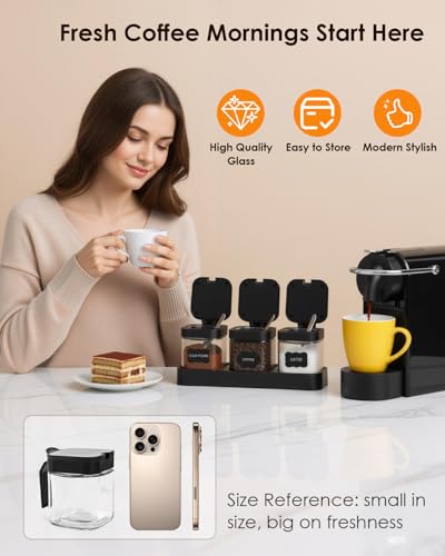 Glass Coffee Containers Set, 3 Pcs, Black | Coffee Station Storage Set with Lids, Spoons and Bases, Includes Stickers and Pen, Storage Jars for Sugar, Coffee, Spices