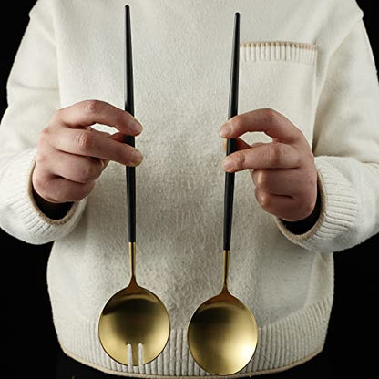 Salad Servers,Spoon and Fork Set 11.41 inch,18/10 Stainless Steel Salad Serving Titanium Plating (black gold) - color: Black/Gold