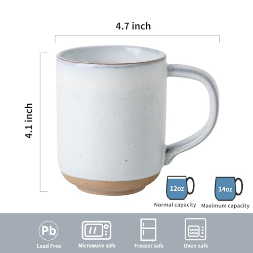 Ceramic Coffee Mugs Set of 4, 14oz Coffee Cups with Large Handle, Stoneware Two-Tone Tea Mugs for Latte, Cappuccino, Bluish White Speckled, Terracotta Base,Housewarming Gift,Dishwasher&Microwave Safe - color: White, size: 14 OZ