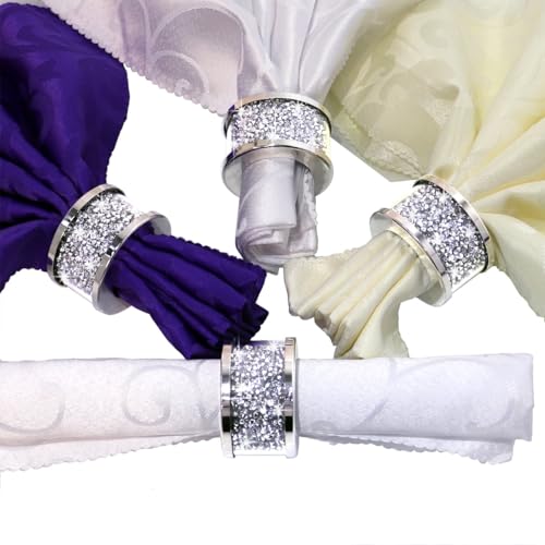 Silver Diamond Napkin Rings (Silver 4 Pack) | Crystal Glass Napkin Holder Glam Crushed Diamond Table Settings Bling Serviette Buckles Cloth Holder - color: Silver 4 Pack