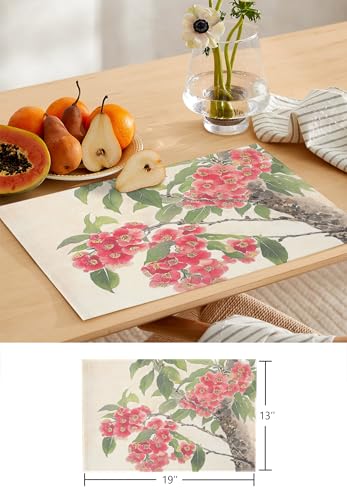 Table Runner and Placemats Set of 6 Flowers Leaves Decorative Dining Table Runner with Matching Placemats Retro Floral Red Table Decor for Kitchen Dining Room and Everyday Use 13x90in - size: 13"x90"+6pcs
