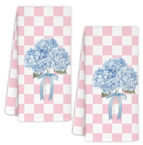 Pink and White Hydrangea Bow Decorative Hand Towels for Bathroom Kitchen Set of 2, Pink Hydrangea Bathroom Decor, Flower Floral Hydrangeas Lovers Gifts for Kids Women, 16x24 Inch - color: Pink and Blue