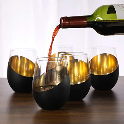 MyGift Modern Matte Black and Gold Tilted Design Stemless Wine Glasses Tumblers - 18 oz, Set of 6 - color: Black (Set of 6)