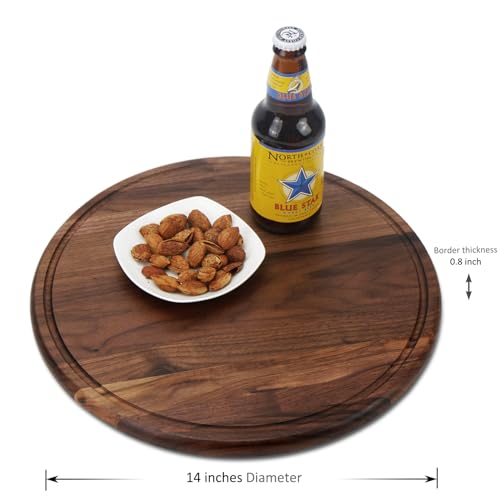 14" Round Walnut Wood Cutting Board for Kitchen | Wooden Chopping Board With Juice Grooves - size: 14"L x 14"W