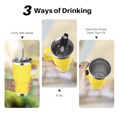 20 oz Tumbler with Handle, Stainless Steel Insulated Tumbler with Lid and Straw, Double Wall Vacuum Coffee Mug Tumbler, Insulated Coffee Thermal Cup for Cold and Hot (Yellow, 20 Ounces) - color: Yellow, size: 20 Ounces